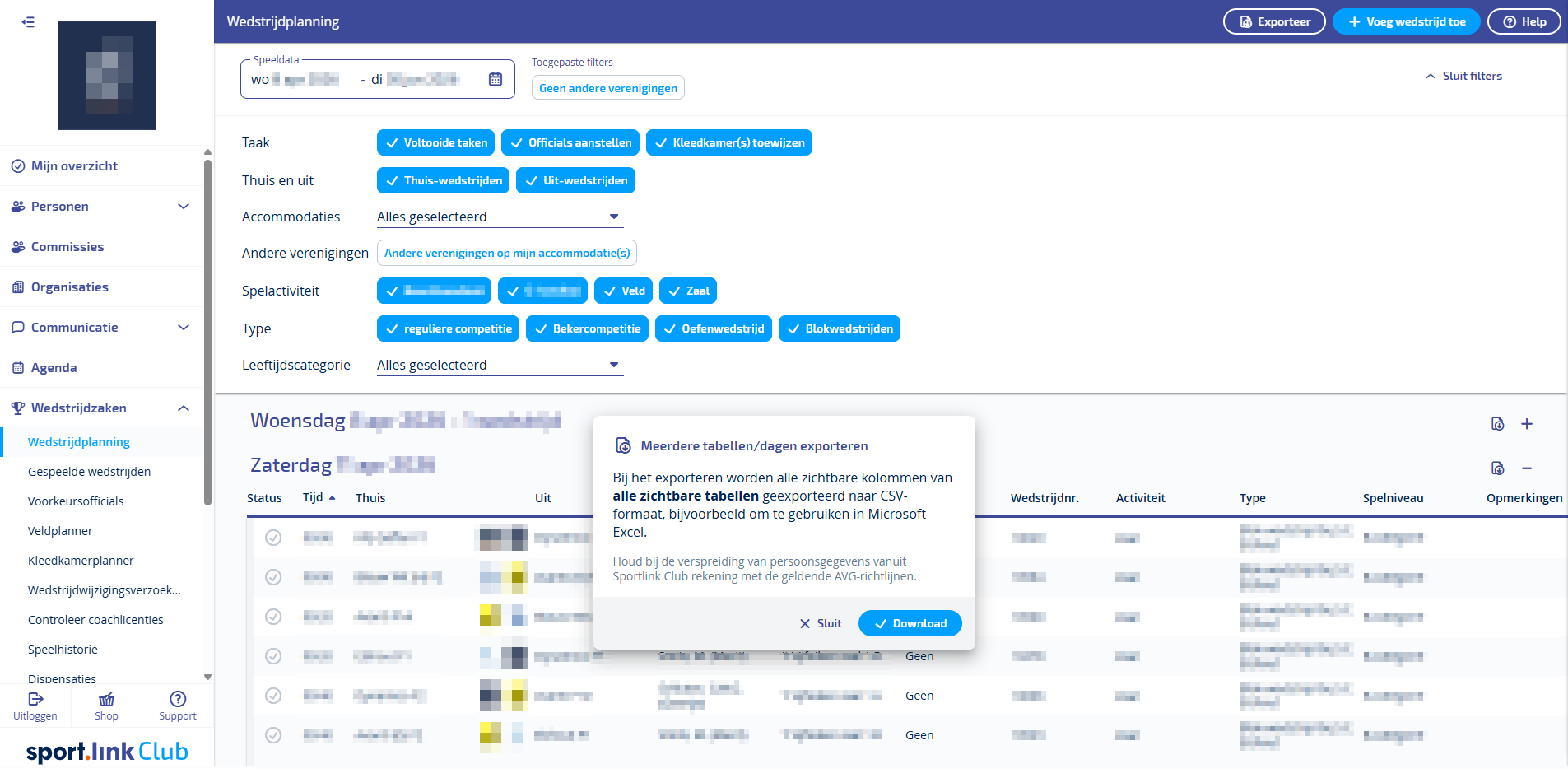 Export vanuit Sportlink