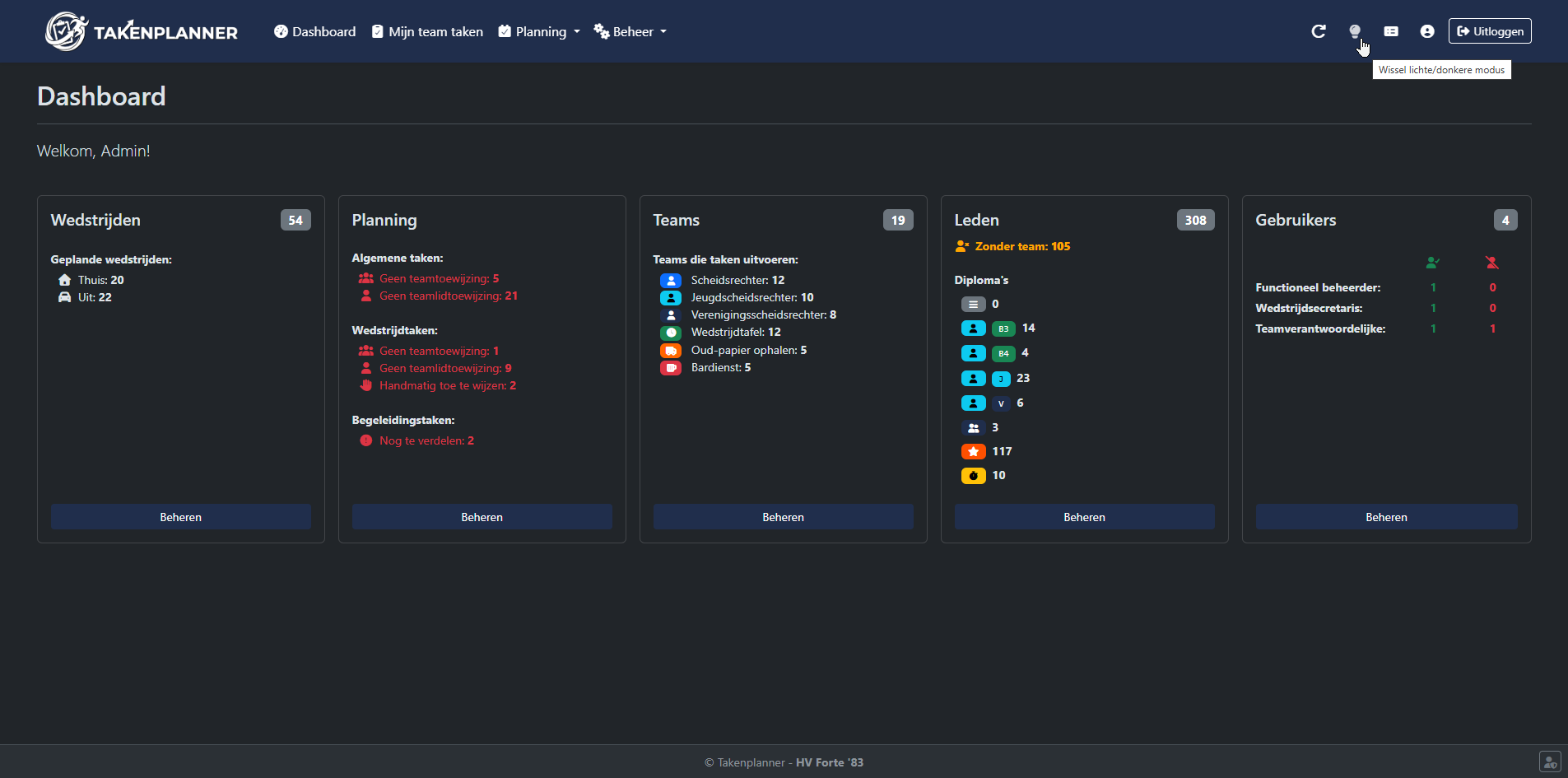 Takenplanner donkere modus