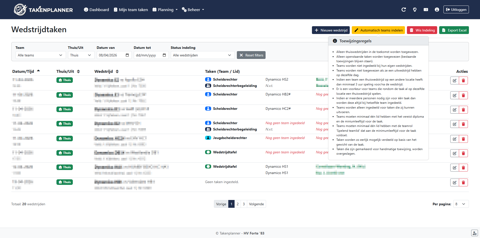 Takenplanner wedstrijdtaken: toewijzingsregels