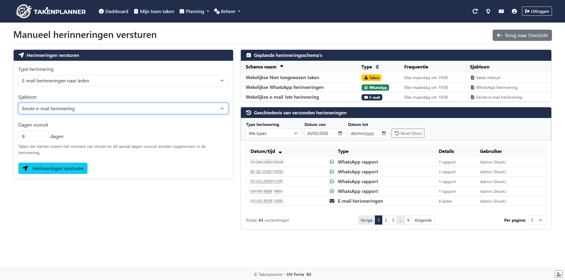 Manueel herinneringen versturen