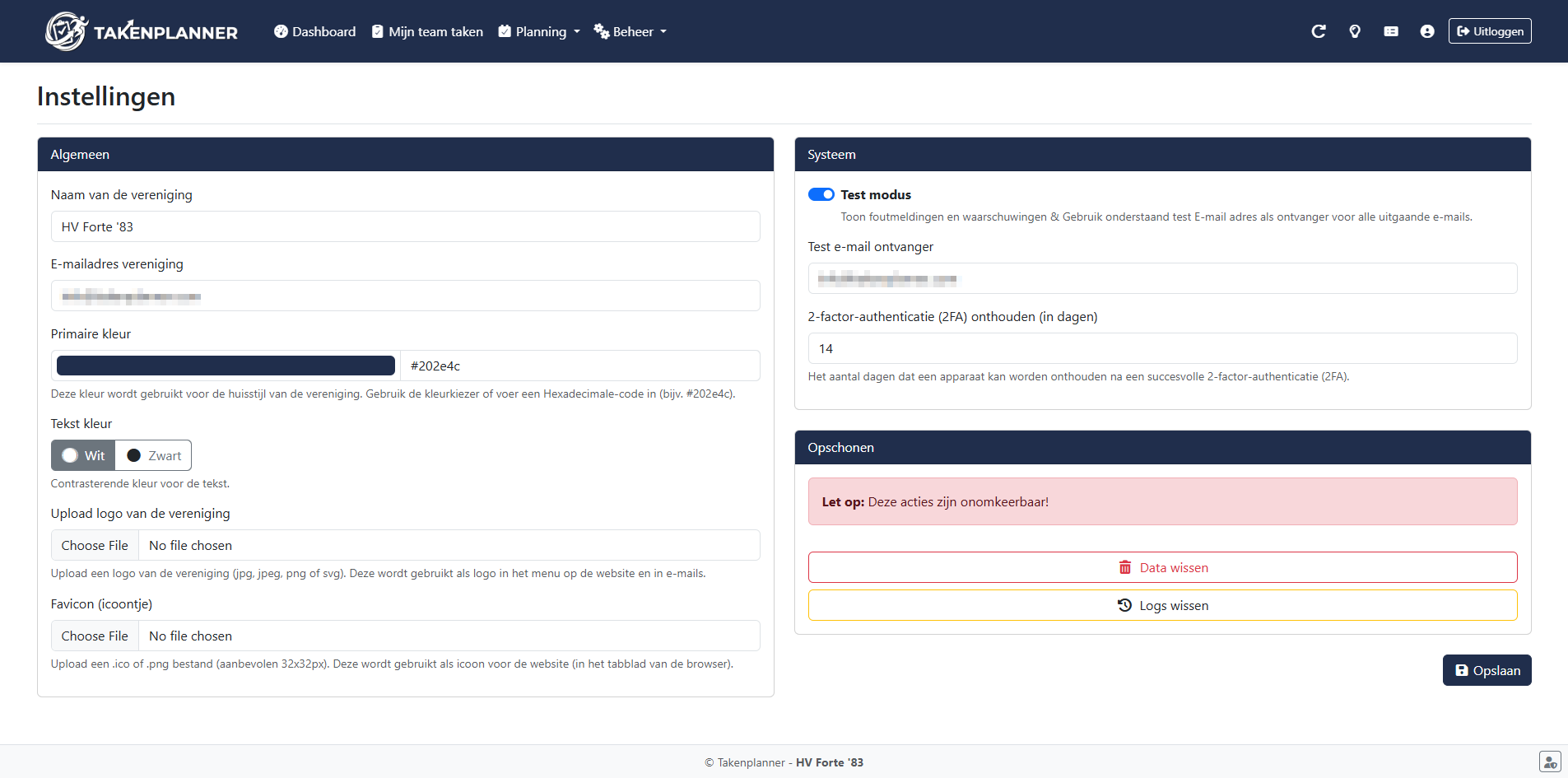 Takenplanner instellingen